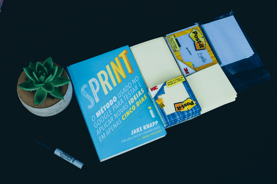 A picture of a desk with web design book and post it notes on top