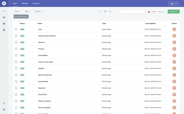 Prismic dashboard displaying live page types like services, products, and homepage, with recent updates and author information.