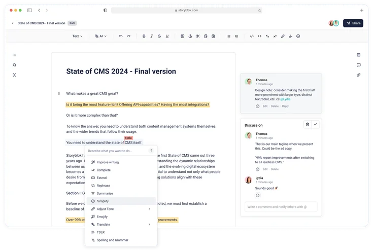 A collaborative writing interface in Storyblok, showing text editing tools, comments from team members, and options to adjust the tone, simplify, or rephrase content.