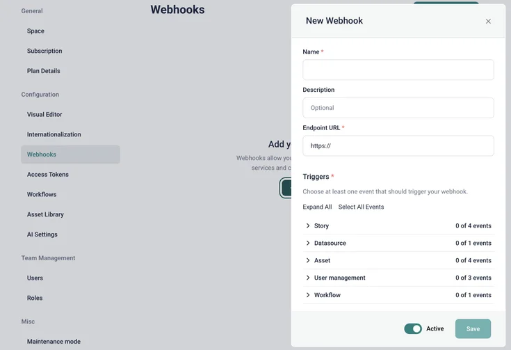 Storyblok webhook setup screen for configuring custom triggers and endpoints.