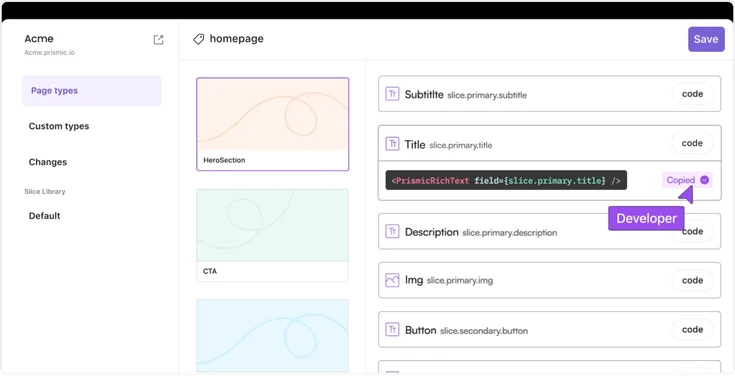 Prismic interface showing editable fields for a 