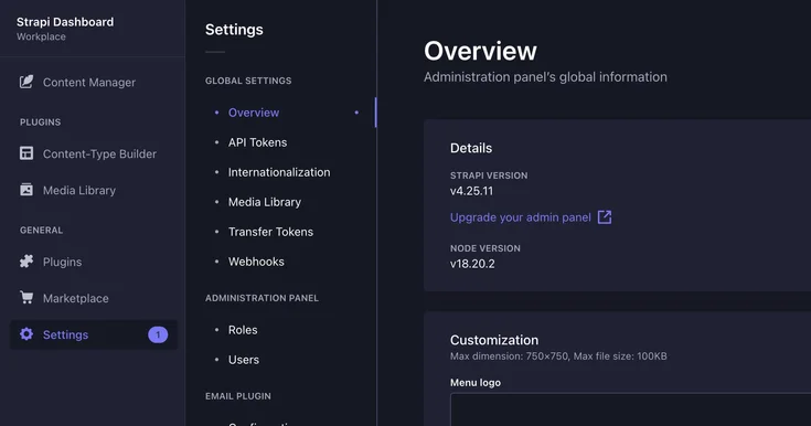 Strapi CMS. Settings page with a version of Strapi