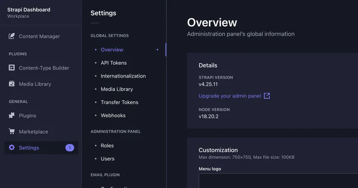 Strapi CMS. Settings page with a version of Strapi