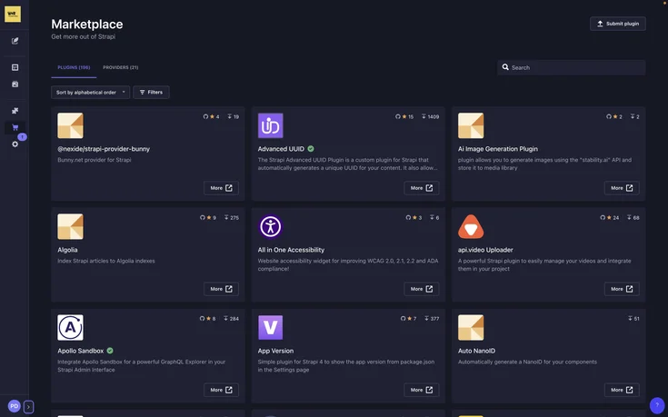 Strapi's Marketplace interface displays various plugins like Advanced UUID, Algolia, and api.video Uploader, enabling users to enhance their projects with additional functionalities.