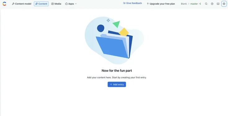 Contentful dashboard prompting the user to create their first content entry with an 
