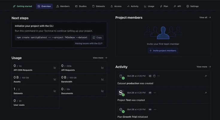 Sanity dashboard displaying project setup steps with CLI, usage statistics for API requests, assets, and documents, along with recent activity and options to invite team members.