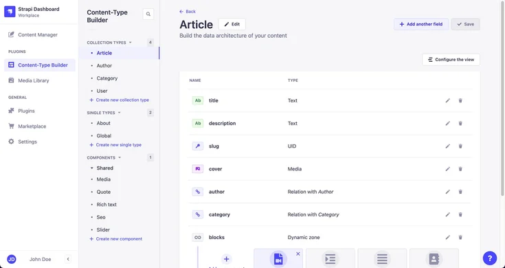 Strapi Content-Type Builder interface with fields like title, description, slug, and media, allowing users to structure content for articles.